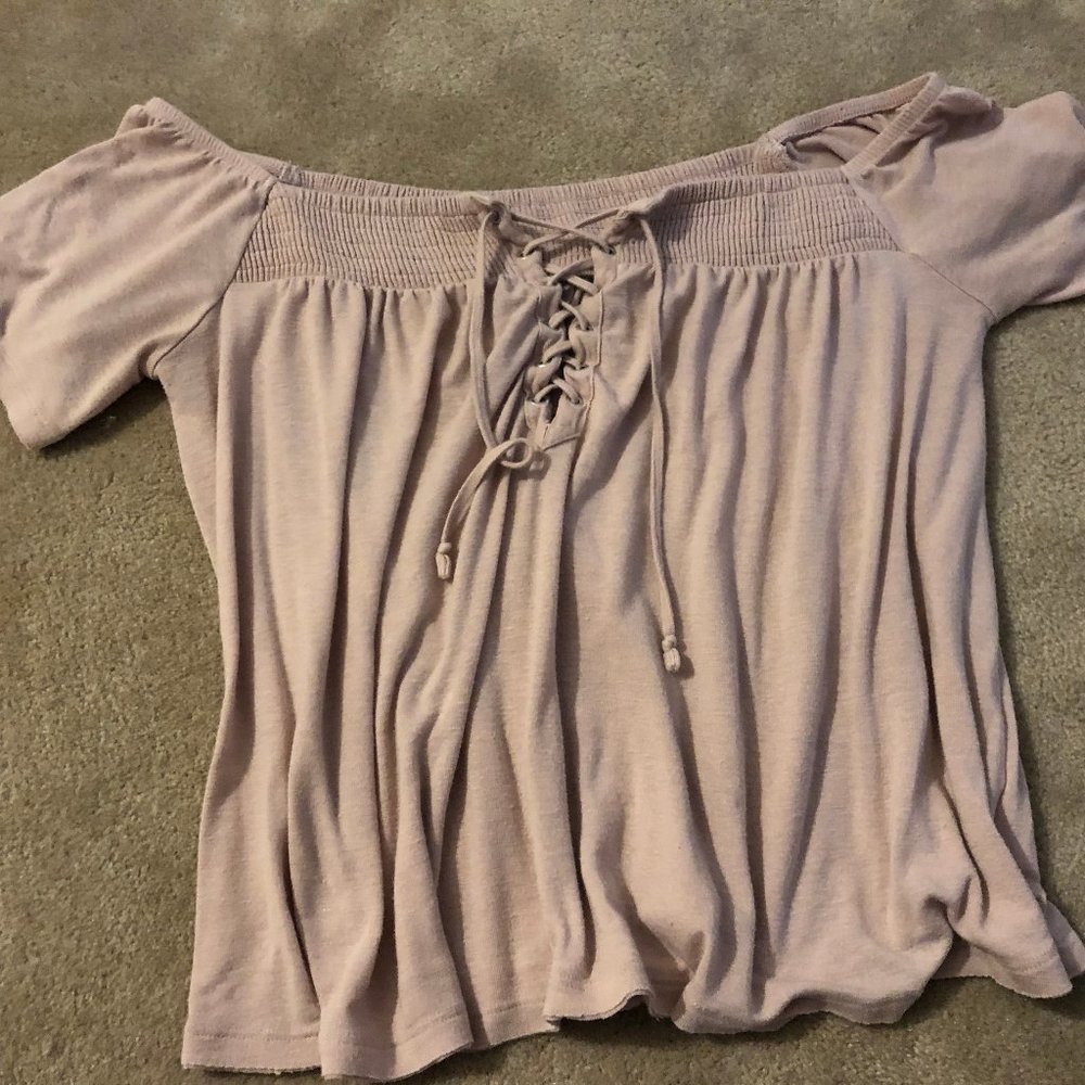 American Eagle Pink Lace Up Off the Shoulder Top